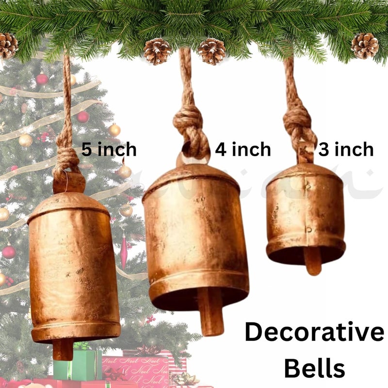 ALADEAN Rustic Harmony Cow Bells Decorative Set of 3 Christmas Bell Large Vintage Golden Cow Bell Brass Coated Country Bells Wall Hanging Cowbell Lucky Charm (3"-4"-5") - Image 2